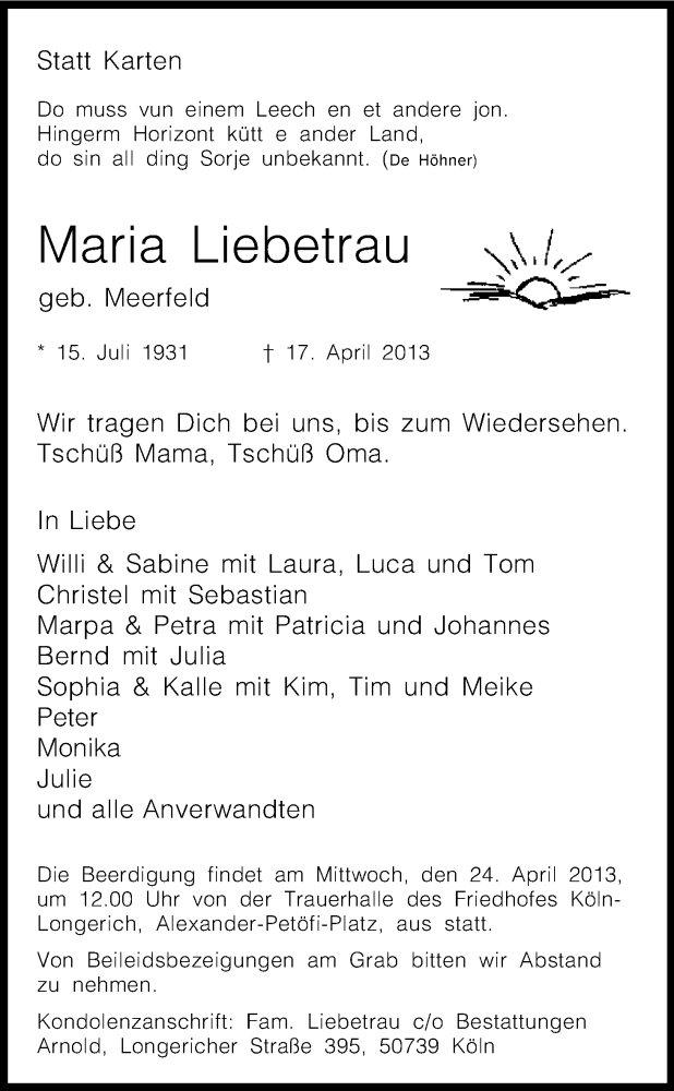  Traueranzeige für Maria Liebetrau vom 20.04.2013 aus Kölner Stadt-Anzeiger / Kölnische Rundschau / Express