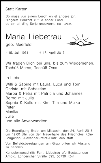 Anzeige von Maria Liebetrau von Kölner Stadt-Anzeiger / Kölnische Rundschau / Express