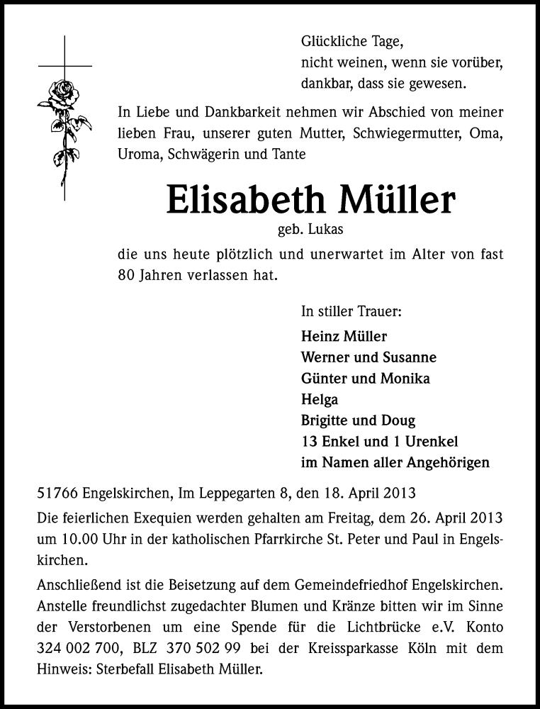  Traueranzeige für Elisabeth Müller vom 20.04.2013 aus Kölner Stadt-Anzeiger / Kölnische Rundschau / Express