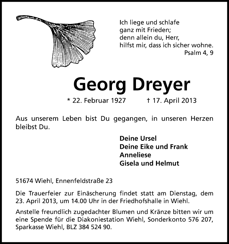  Traueranzeige für Georg Dreyer vom 20.04.2013 aus Kölner Stadt-Anzeiger / Kölnische Rundschau / Express