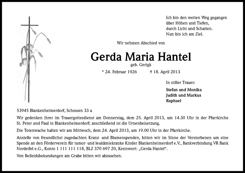  Traueranzeige für Gerda Maria Hantel vom 20.04.2013 aus Kölner Stadt-Anzeiger / Kölnische Rundschau / Express