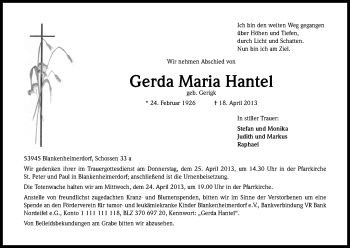 Anzeige von Gerda Maria Hantel von Kölner Stadt-Anzeiger / Kölnische Rundschau / Express