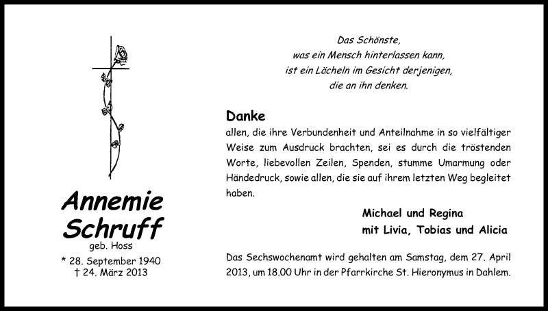  Traueranzeige für Annemie Schruff vom 20.04.2013 aus Kölner Stadt-Anzeiger / Kölnische Rundschau / Express