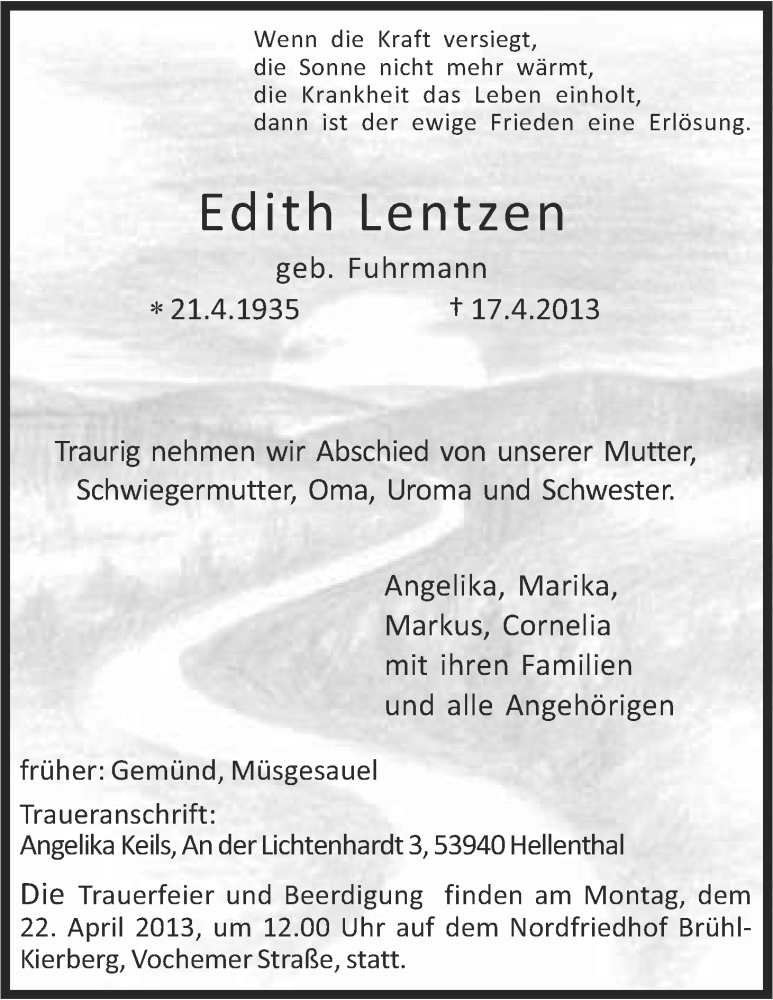  Traueranzeige für Edith Lentzen vom 20.04.2013 aus Kölner Stadt-Anzeiger / Kölnische Rundschau / Express