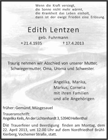 Anzeige von Edith Lentzen von Kölner Stadt-Anzeiger / Kölnische Rundschau / Express
