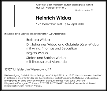 Anzeige von Heinrich Widua von Kölner Stadt-Anzeiger / Kölnische Rundschau / Express