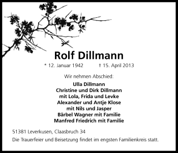 Anzeige von Rolf Dillmann von Kölner Stadt-Anzeiger / Kölnische Rundschau / Express