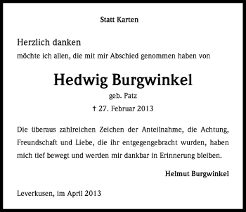 Anzeige von Hedwig Burgwinkel von Kölner Stadt-Anzeiger / Kölnische Rundschau / Express