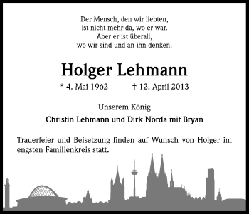 Anzeige von Holger Lehmann von Kölner Stadt-Anzeiger / Kölnische Rundschau / Express