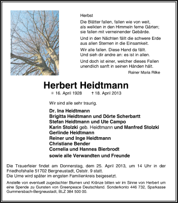 Anzeige von Herbert Heidtmann von Kölner Stadt-Anzeiger / Kölnische Rundschau / Express