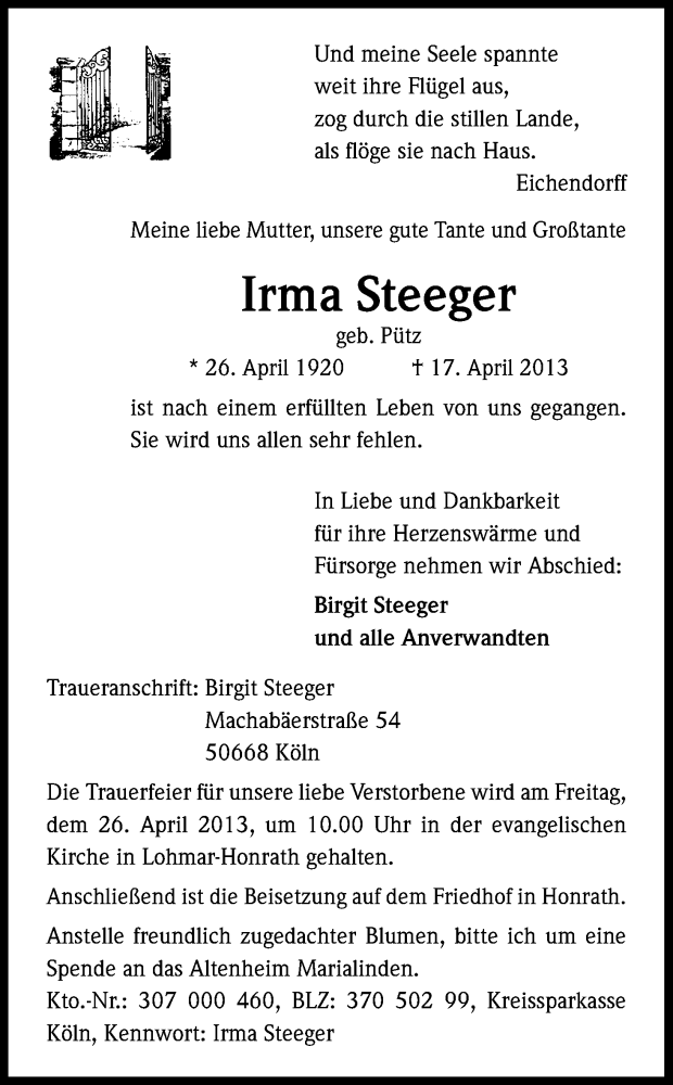  Traueranzeige für Irma Steeger vom 23.04.2013 aus Kölner Stadt-Anzeiger / Kölnische Rundschau / Express
