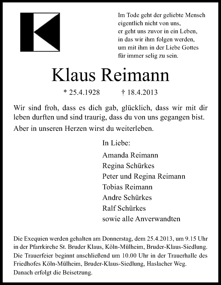  Traueranzeige für Klaus Reimann vom 20.04.2013 aus Kölner Stadt-Anzeiger / Kölnische Rundschau / Express