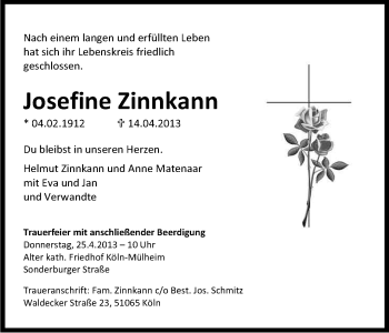 Anzeige von Josefine Zinnkann von Kölner Stadt-Anzeiger / Kölnische Rundschau / Express
