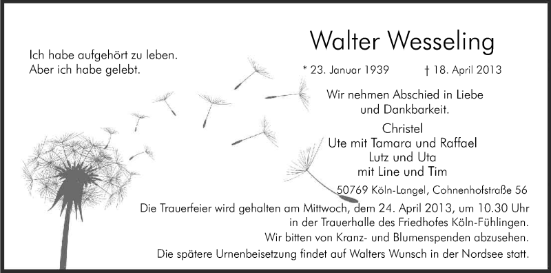  Traueranzeige für Walter Wesseling vom 20.04.2013 aus Kölner Stadt-Anzeiger / Kölnische Rundschau / Express