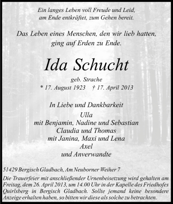 Anzeige von Ida Schucht von Kölner Stadt-Anzeiger / Kölnische Rundschau / Express