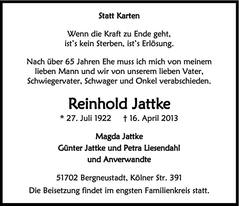  Traueranzeige für Reinhold Jattke vom 20.04.2013 aus Kölner Stadt-Anzeiger / Kölnische Rundschau / Express