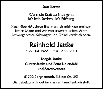 Anzeige von Reinhold Jattke von Kölner Stadt-Anzeiger / Kölnische Rundschau / Express