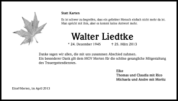 Anzeige von Walter Liedtke von Kölner Stadt-Anzeiger / Kölnische Rundschau / Express