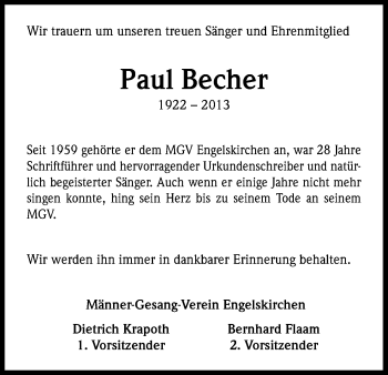 Anzeige von Paul Becher von Kölner Stadt-Anzeiger / Kölnische Rundschau / Express