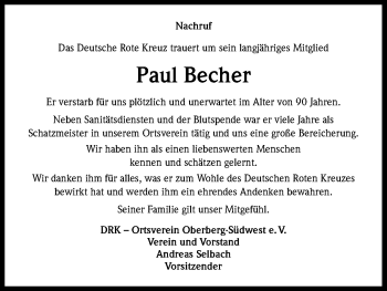 Anzeige von Paul Becher von Kölner Stadt-Anzeiger / Kölnische Rundschau / Express