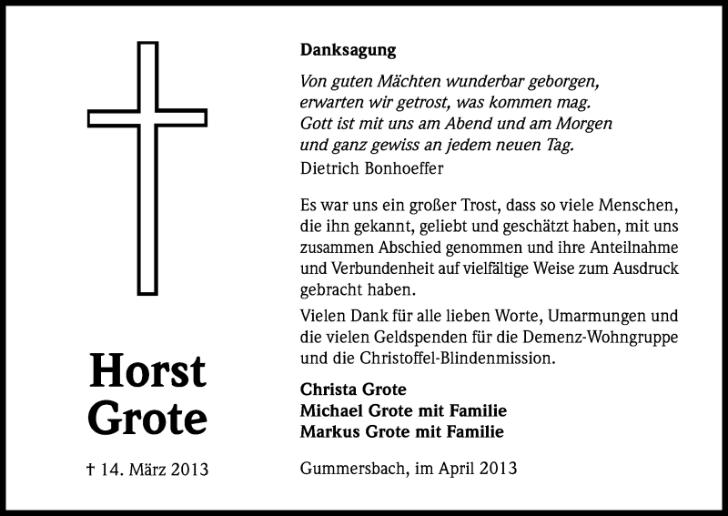  Traueranzeige für Horst Grote vom 22.04.2013 aus Kölner Stadt-Anzeiger / Kölnische Rundschau / Express