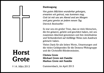 Anzeige von Horst Grote von Kölner Stadt-Anzeiger / Kölnische Rundschau / Express