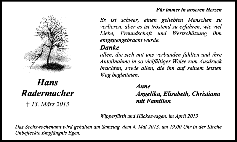  Traueranzeige für Hans Radermacher vom 27.04.2013 aus Kölner Stadt-Anzeiger / Kölnische Rundschau / Express