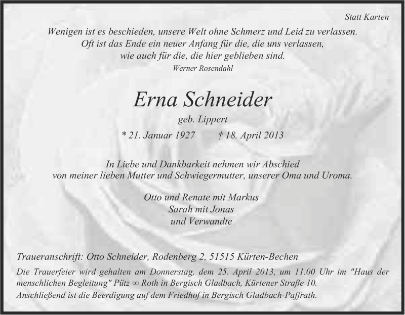  Traueranzeige für Erna Schneider vom 20.04.2013 aus Kölner Stadt-Anzeiger / Kölnische Rundschau / Express