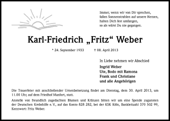 Anzeige von Karl-Friedrich Weber von Kölner Stadt-Anzeiger / Kölnische Rundschau / Express