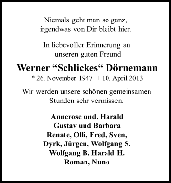 Anzeige von Werner Dörnemann von Kölner Stadt-Anzeiger / Kölnische Rundschau / Express
