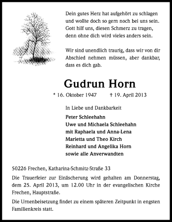 Anzeige von Gudrun Horn von Kölner Stadt-Anzeiger / Kölnische Rundschau / Express