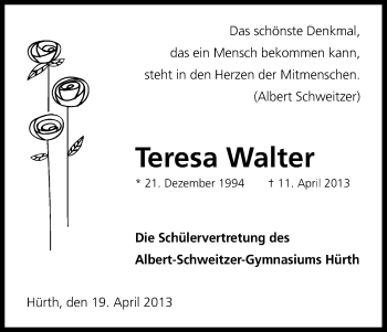 Anzeige von Teresa Walter von Kölner Stadt-Anzeiger / Kölnische Rundschau / Express