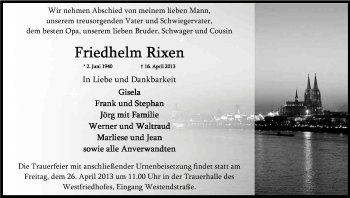 Anzeige von Friedhelm Rixen von Kölner Stadt-Anzeiger / Kölnische Rundschau / Express