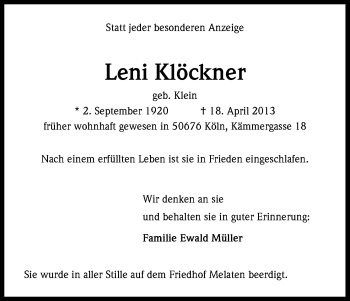 Anzeige von Leni Klöckner von Kölner Stadt-Anzeiger / Kölnische Rundschau / Express
