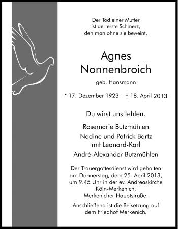 Anzeige von Agnes Nonnenbroich von Kölner Stadt-Anzeiger / Kölnische Rundschau / Express