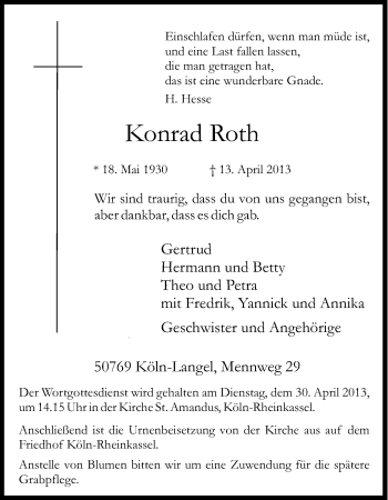 Anzeige von Konrad Roth von Kölner Stadt-Anzeiger / Kölnische Rundschau / Express