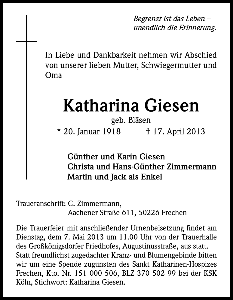  Traueranzeige für Katharina Giesen vom 27.04.2013 aus Kölner Stadt-Anzeiger / Kölnische Rundschau / Express