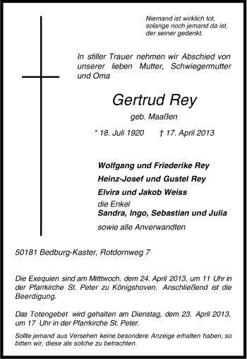 Anzeige von Gertrud Rey von Kölner Stadt-Anzeiger / Kölnische Rundschau / Express