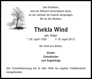 Anzeige von Thekla Wind von Kölner Stadt-Anzeiger / Kölnische Rundschau / Express