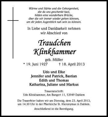 Anzeige von Traudchen Klinkhammer von Kölner Stadt-Anzeiger / Kölnische Rundschau / Express