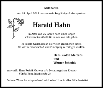 Anzeige von Harald Hahn von Kölner Stadt-Anzeiger / Kölnische Rundschau / Express