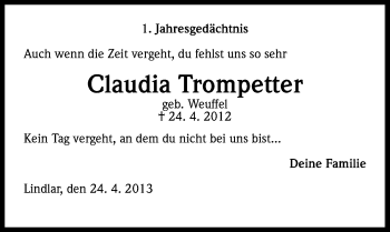Anzeige von Claudia Trompetter von Kölner Stadt-Anzeiger / Kölnische Rundschau / Express
