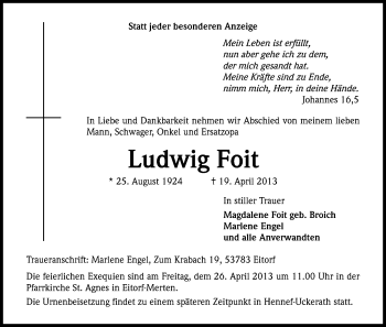 Anzeige von Ludwig Foit von Kölner Stadt-Anzeiger / Kölnische Rundschau / Express