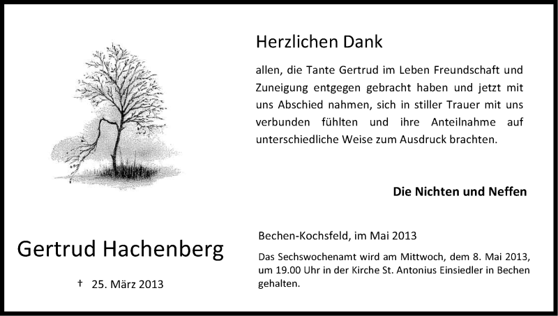  Traueranzeige für Gertrud Hachenberg vom 04.05.2013 aus Kölner Stadt-Anzeiger / Kölnische Rundschau / Express