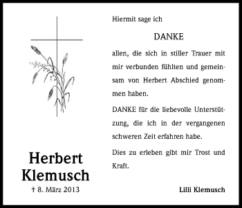 Anzeige von Herbert Klemusch von Kölner Stadt-Anzeiger / Kölnische Rundschau / Express