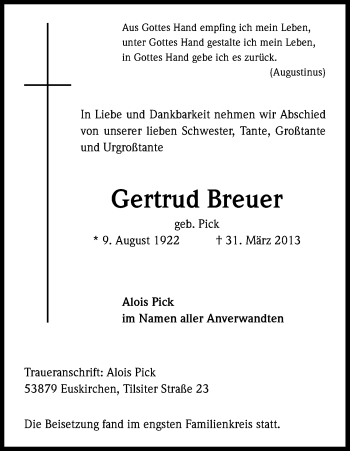 Anzeige von Gertrud Breuer von Kölner Stadt-Anzeiger / Kölnische Rundschau / Express