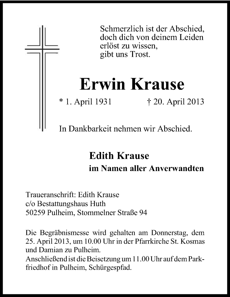  Traueranzeige für Erwin Krause vom 23.04.2013 aus Kölner Stadt-Anzeiger / Kölnische Rundschau / Express
