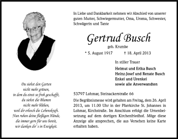 Anzeige von Gertrud Busch von Kölner Stadt-Anzeiger / Kölnische Rundschau / Express