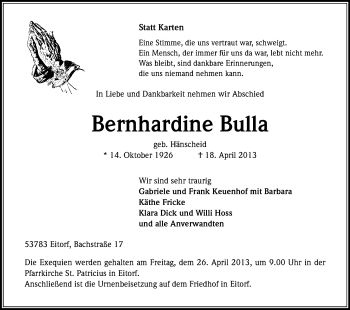 Anzeige von Bernhardine Bulla von Kölner Stadt-Anzeiger / Kölnische Rundschau / Express