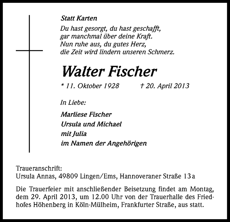  Traueranzeige für Walter Fischer vom 24.04.2013 aus Kölner Stadt-Anzeiger / Kölnische Rundschau / Express